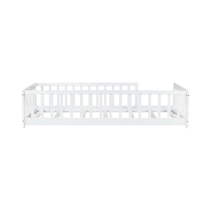 Roomfitters Twin Rubber Wood Floor Bed with Fence, Safety Guardrails, Low Profile Platform Design