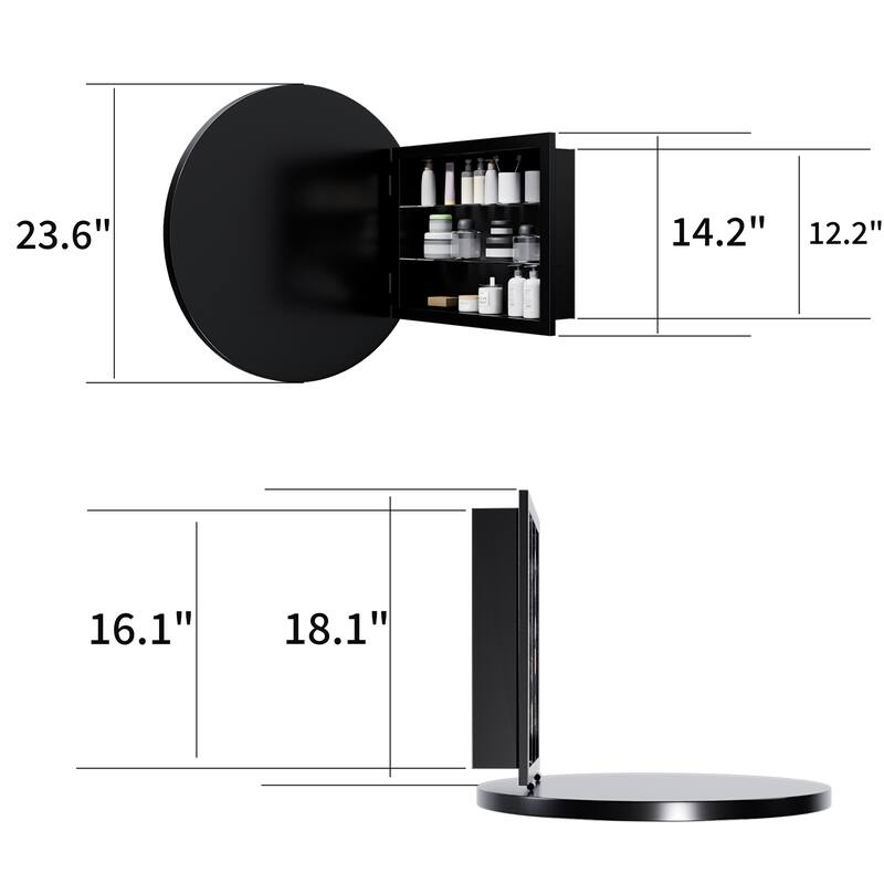 23.6 Inch Surface Mount Round Medicine Cabinet with Mirror and Adjustable Shelves Black Wall Mirror with Storage for Bathroom