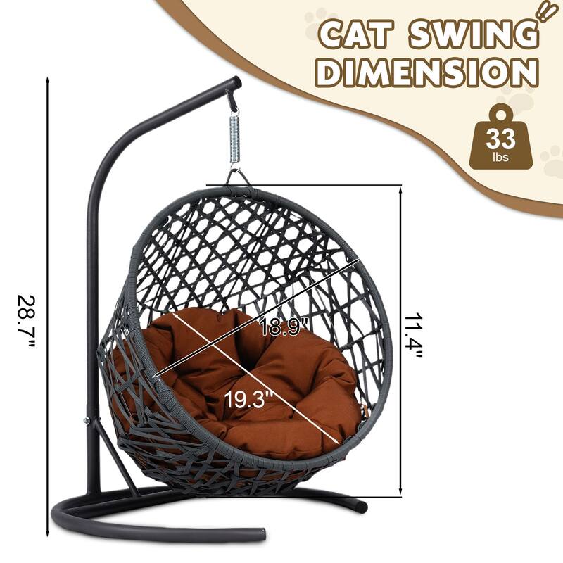 Pet Hanging Swing Bed, Rattan Hammock with Removable Soft Cushion, Cat Swing Bed with Stand & Cushion, Small Animals