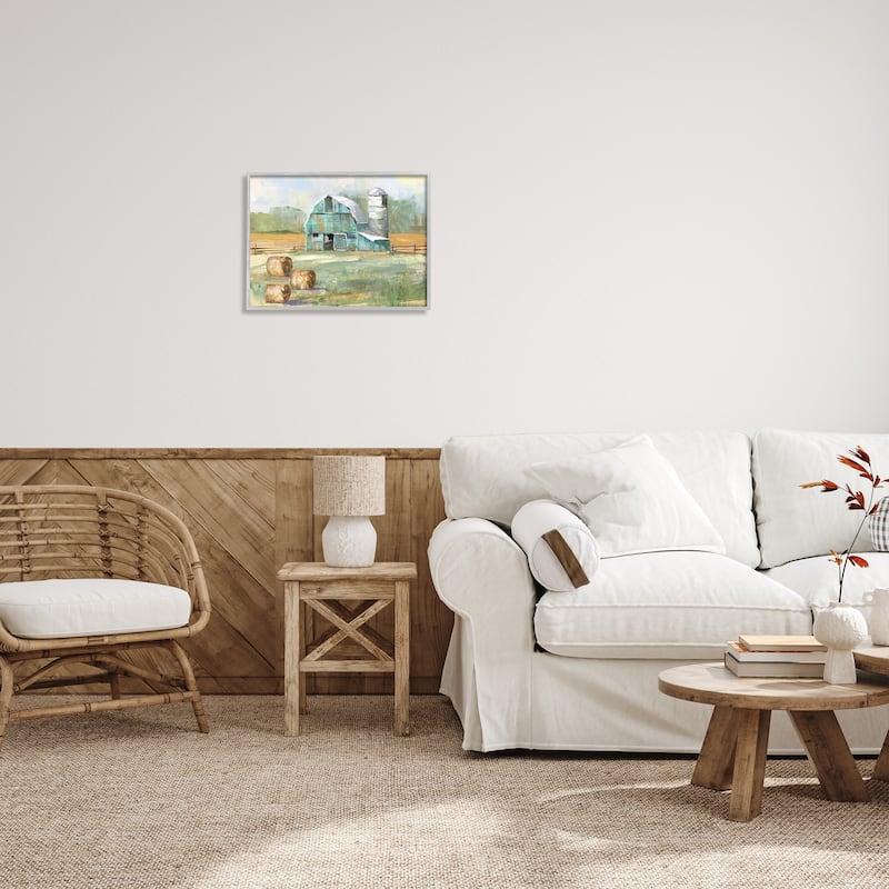 Stupell Contemporary Blue Farm Barn Hay Bails Empty Field Framed Wall Art