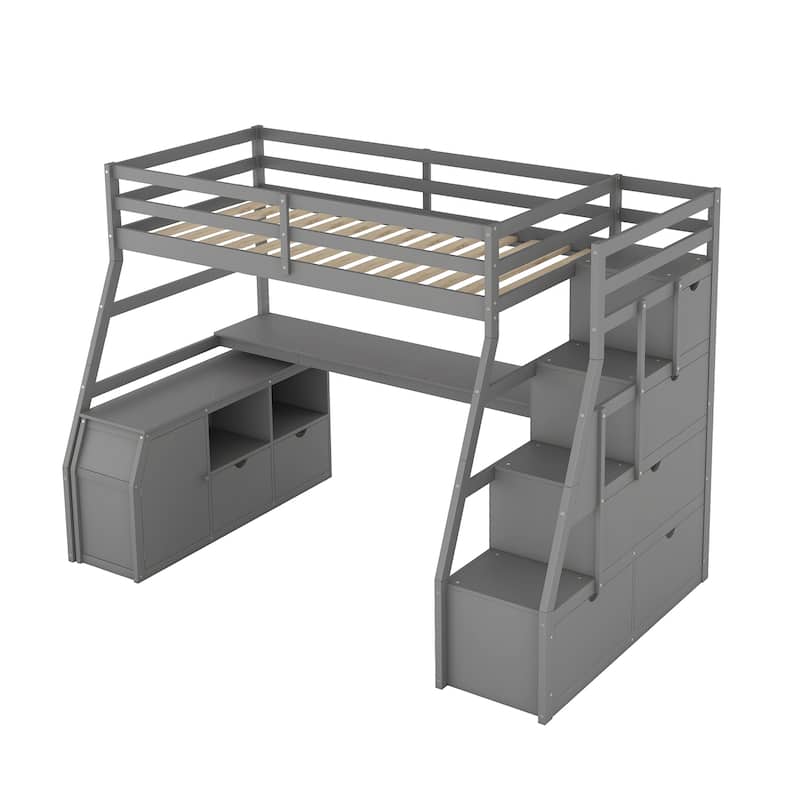 Twin Size Loft Bed with 7 Drawers, 2 Shelves, and Desk in Gray