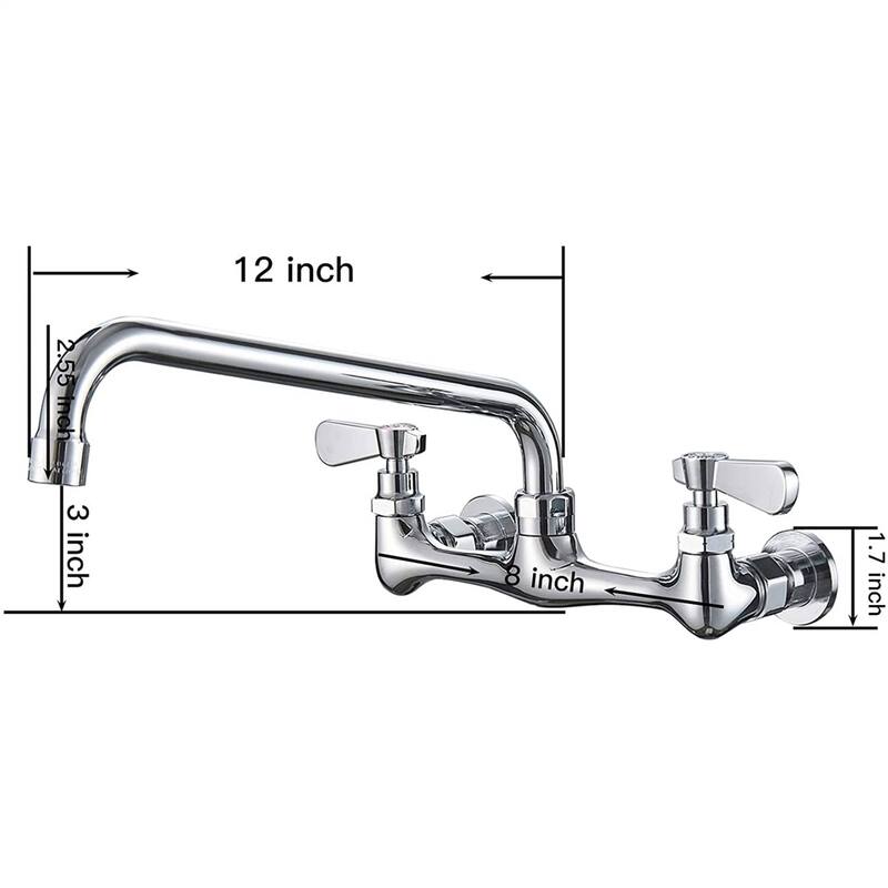 Wall Mounted Kitchen Faucet With 12 Inch Swivel Spout 8 Inch Center Commercial Sink Faucets 2 Handle No Lead Polish Chrome Taps