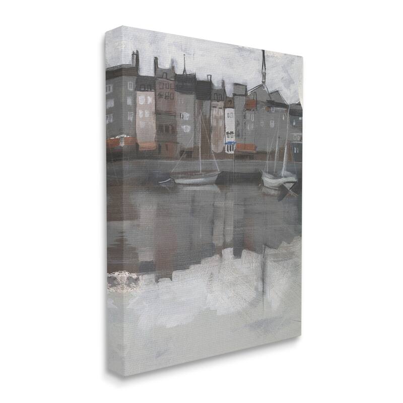 Stupell Dark Sailboat Seaport Murky Coastal City Landscape Canvas Wall Art - Grey - 36 x 48