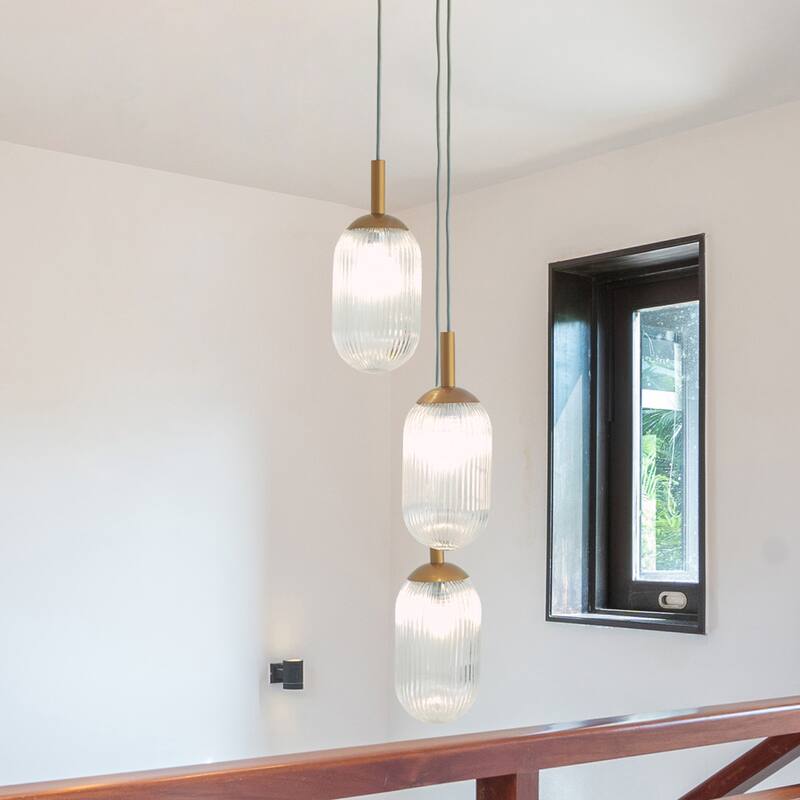 Flora Gold Triple Pendant Light with Ribbed Glass - Gold