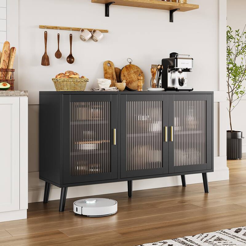 Sideboard Buffet Cabinet, 48" Kitchen Sideboard Cabinet with 3 Fluted Glass Doors Removable Shelves
