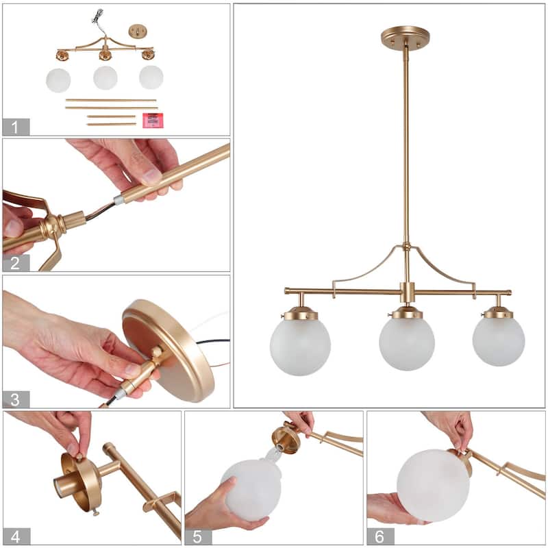 Mid-century Modern Linear Chandelier 3-light Gold Globe Island Pendant Light