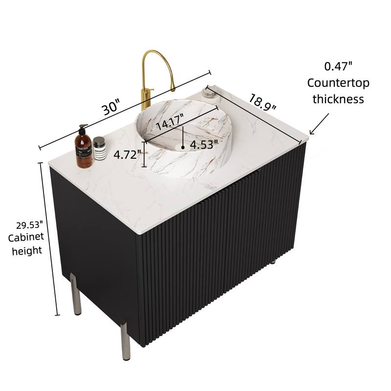 Stylish Striped Double Doors Storage Cabinet Bathroom Vanity with Round Stone Pattern Ceramic Basin and Carrara White Countertop