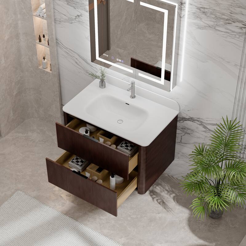 Modland Fluted Floating Vanity with Sink, Plywood Wall Mount Cabinet, Curved Edge, 24/30/36 Inch