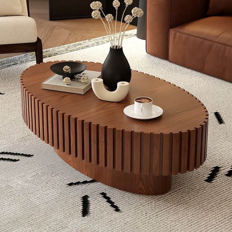 Oval Coffee Table Handcrafted Relief Sturdy Pedestal Wooden Olive-Shaped Tea Table