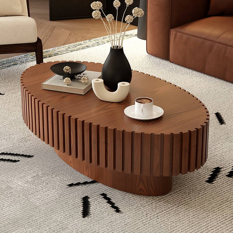 Oval Handcrafted Olive-Shaped Wooden Coffee Table - Sturdy Base for Living Room