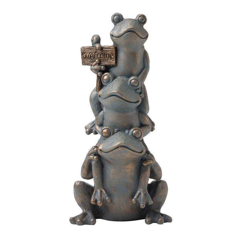 28" H Bronze MgO Lucky Stacked Frogs Garden Statues with "Welcome" Sign Zen-style Coastal-style Sculpture by Glitzhome