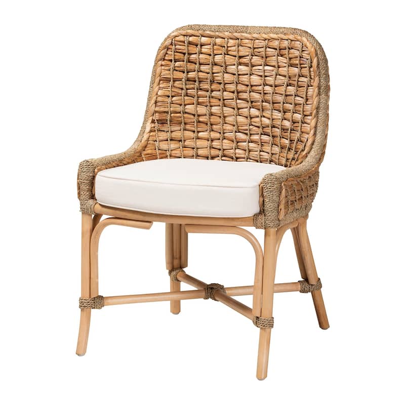 Kyle Bohemian Natural Brown Woven Rattan Dining Chair With Cushion - White, Natural Brown