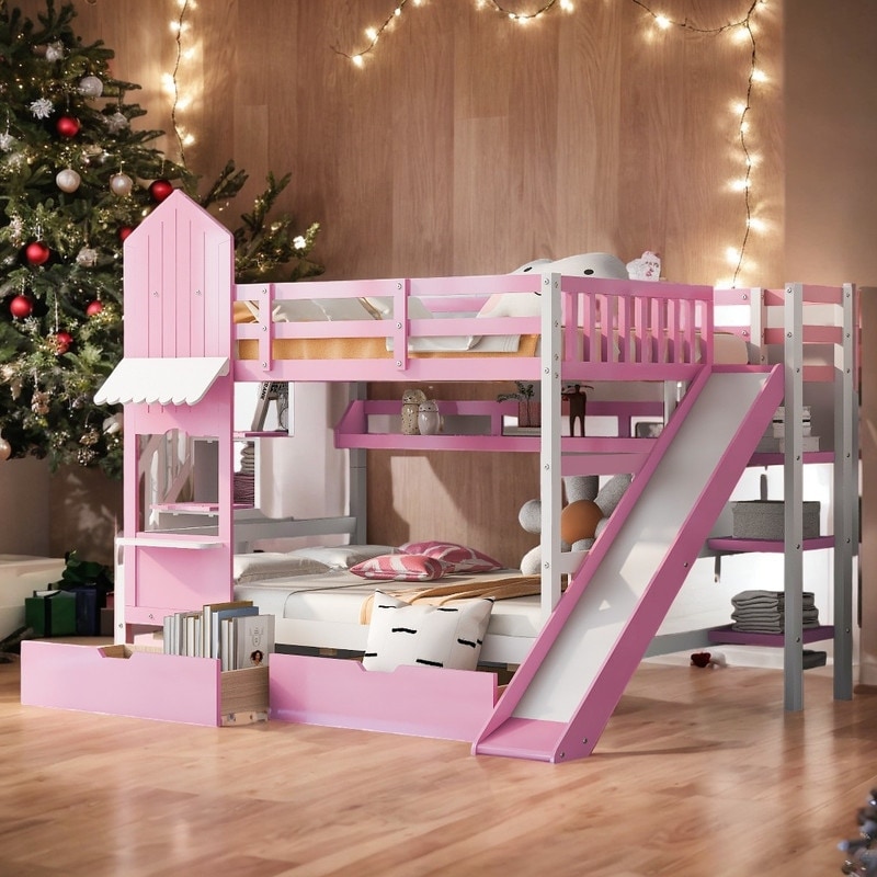 Pink bunk store bed with slide