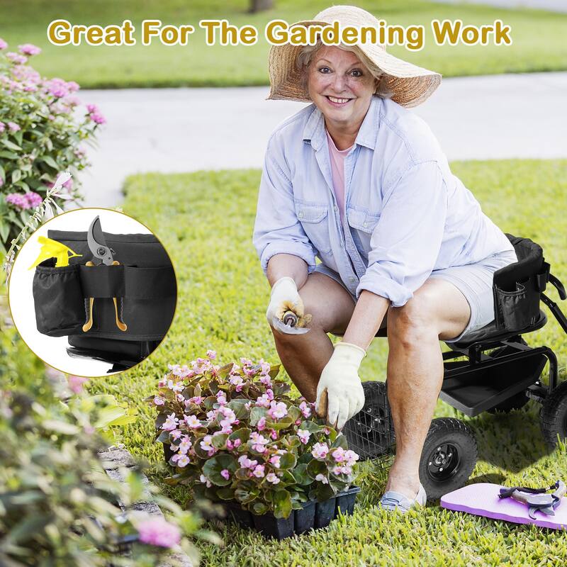 Rolling Garden Cart with Cushioned 360° Swivel Seat, Extendable Handle, Inflatable Wheels - 35" x 29.1" x 23.6"