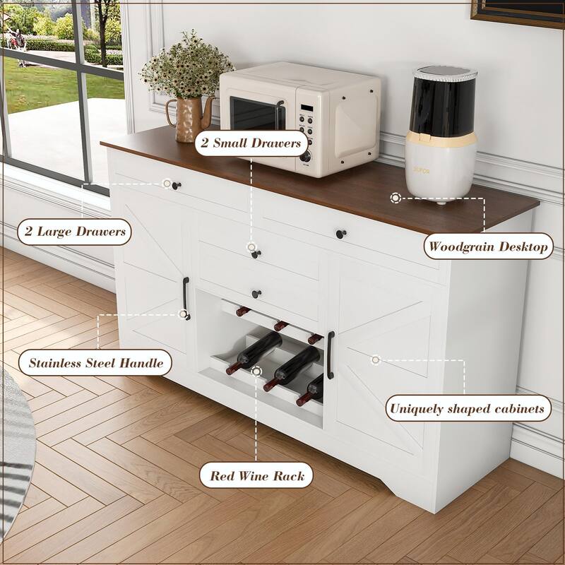 Farmhouse Buffet Sideboard with Storage, Drawers & Wine Rack