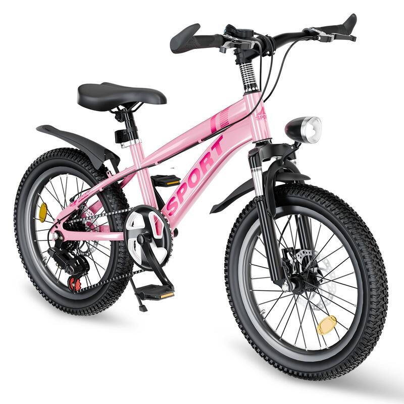 20 Inch Little Daisy Bike, 7-Speed Mountain Kids Bicycle w/Dual Disc Brakes, Shock Absorber Front Fork & LED Light for Ages 7-12 - Pink