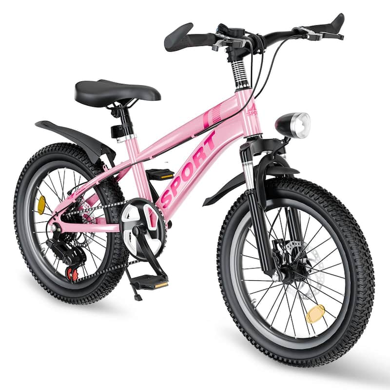 24 Inch Little Daisy Bike, 7-Speed Mountain Kids Bicycle w/Dual Disc Brakes, Shock Absorber Front Fork & LED Light for Kids - Pink