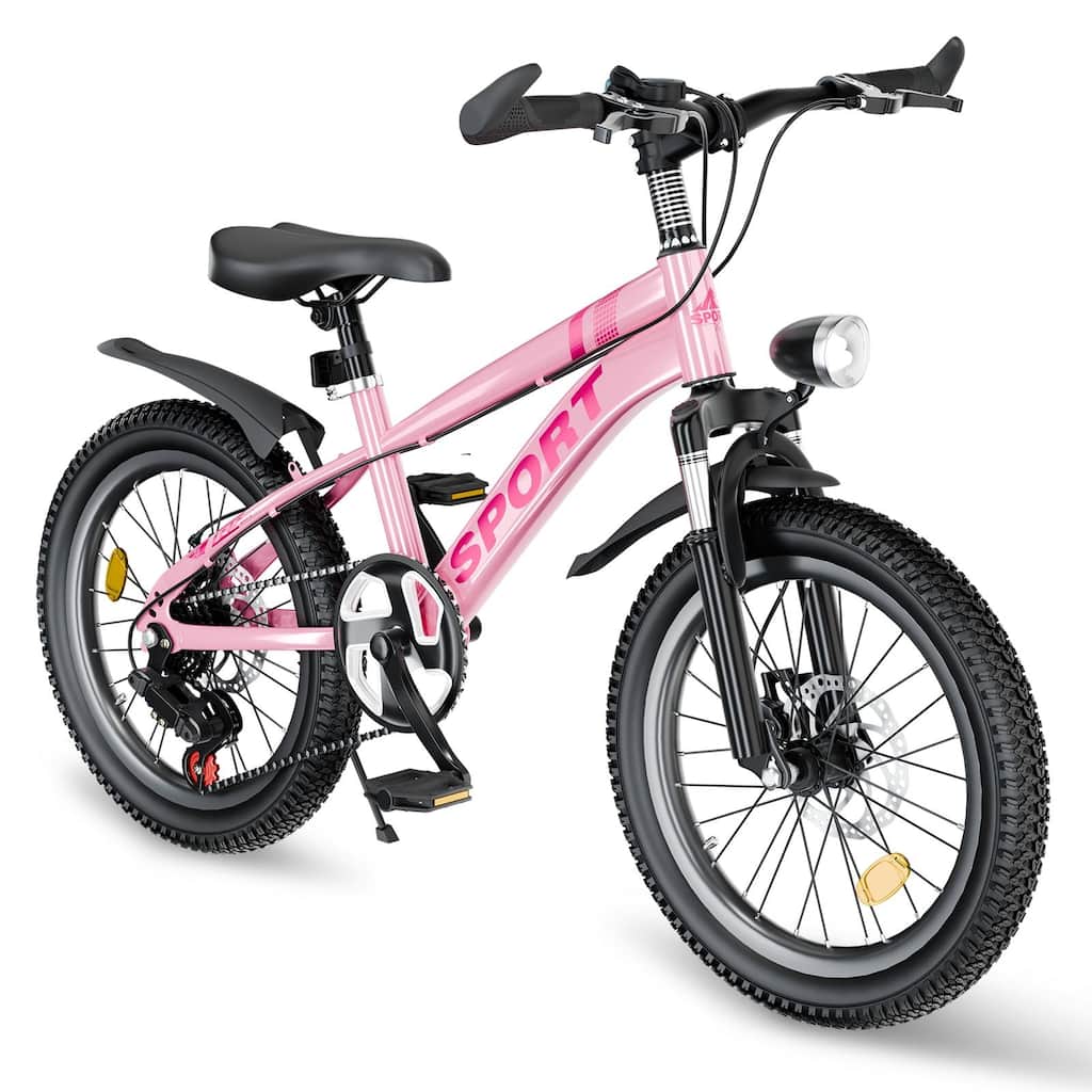 Kids' Mountain Bike - Shimano Gears, Dual Disc Brakes, Suspension Fork, LED Light, Silver & Pink - 24