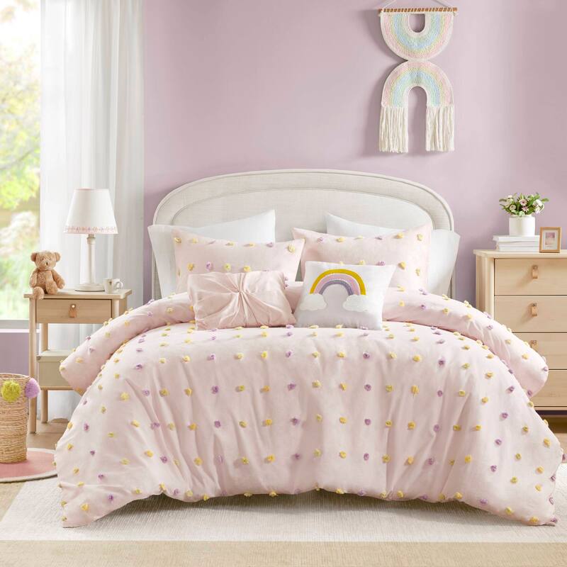 GDF Studio - Pom Pom Cotton Jacquard Comforter Set - Pink (5Pcs Full/Queen)