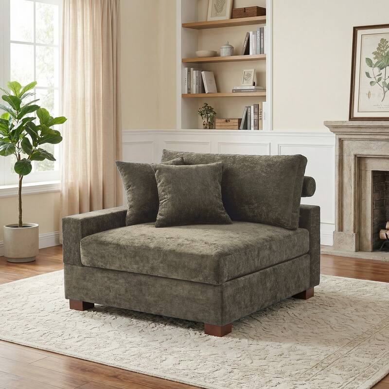 Plush Chenille Single Modular Sectional Sofa Chaise with Pillows - Camel-Sofa L - Left Facing