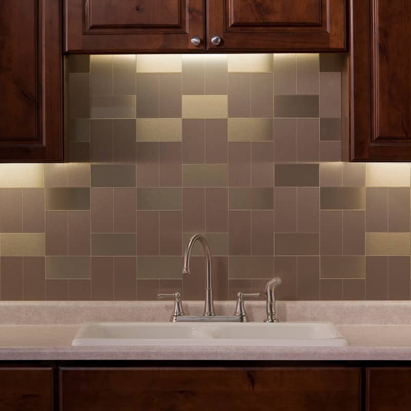 Aspect Peel and Stick Backsplash 3in x 6in Brushed Champagne Long Grain Metal Tile (8-Pack)