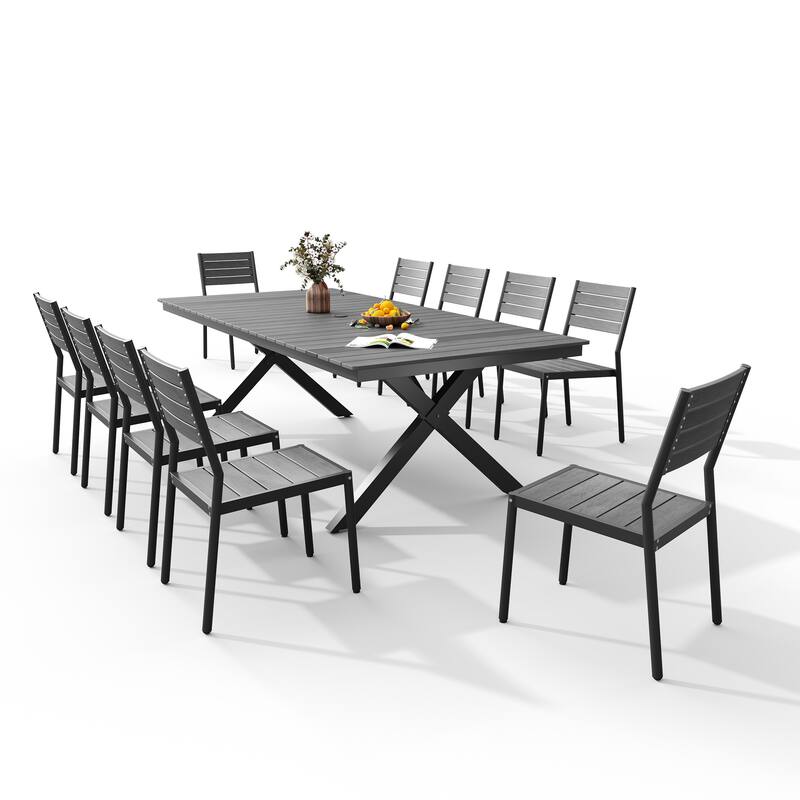 VredHom 11PC Aluminum X Frame Outdoor Patio Dining Set Table with Chairs Umbrella Hole - Table-Grey&Chair-Grey