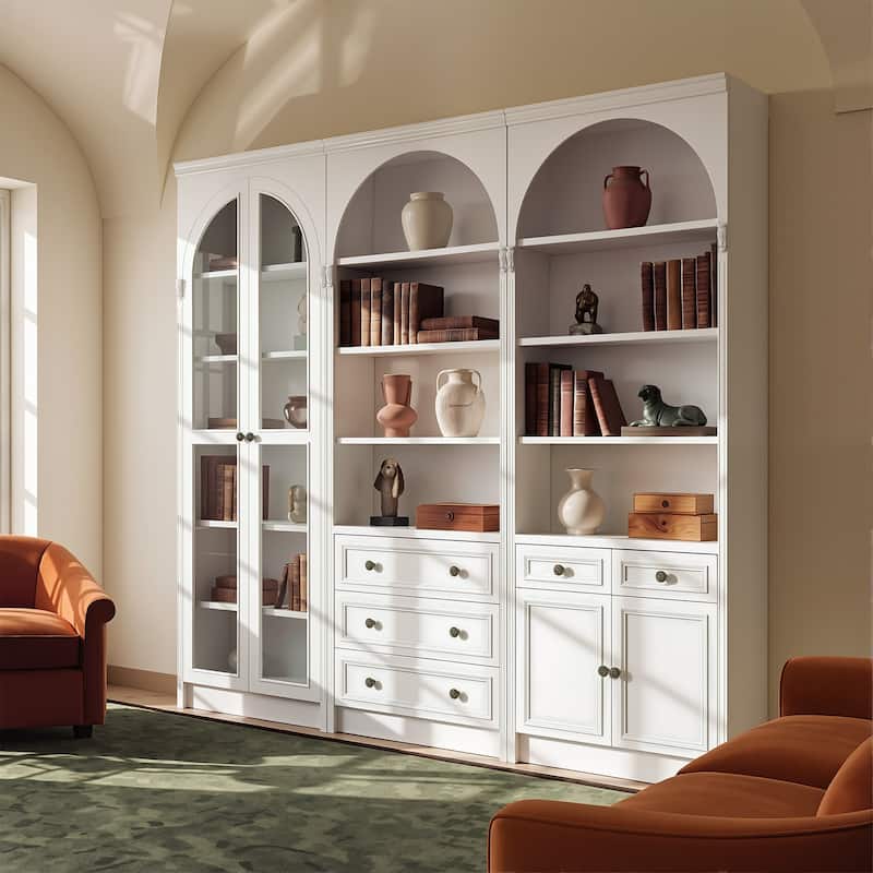 Modular White Bookcase with LED Lights & Glass Doors, 86.6" Tall Arched Display Cabinet Solid WoodStorage Cabinet