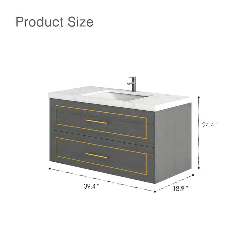 39'' Single Bathroom Vanity with Marble Top Ceramic Basin Sink