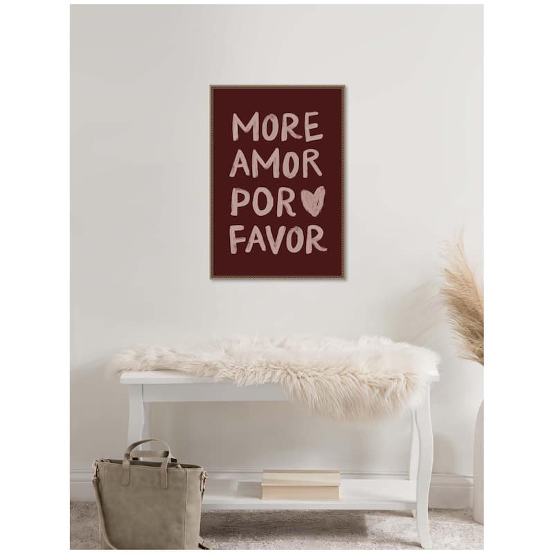 Kate and Laurel More Amor Por Favor Hand Painted Typography Maroon by Lucky Guava Framed Canvas Wall Art Print