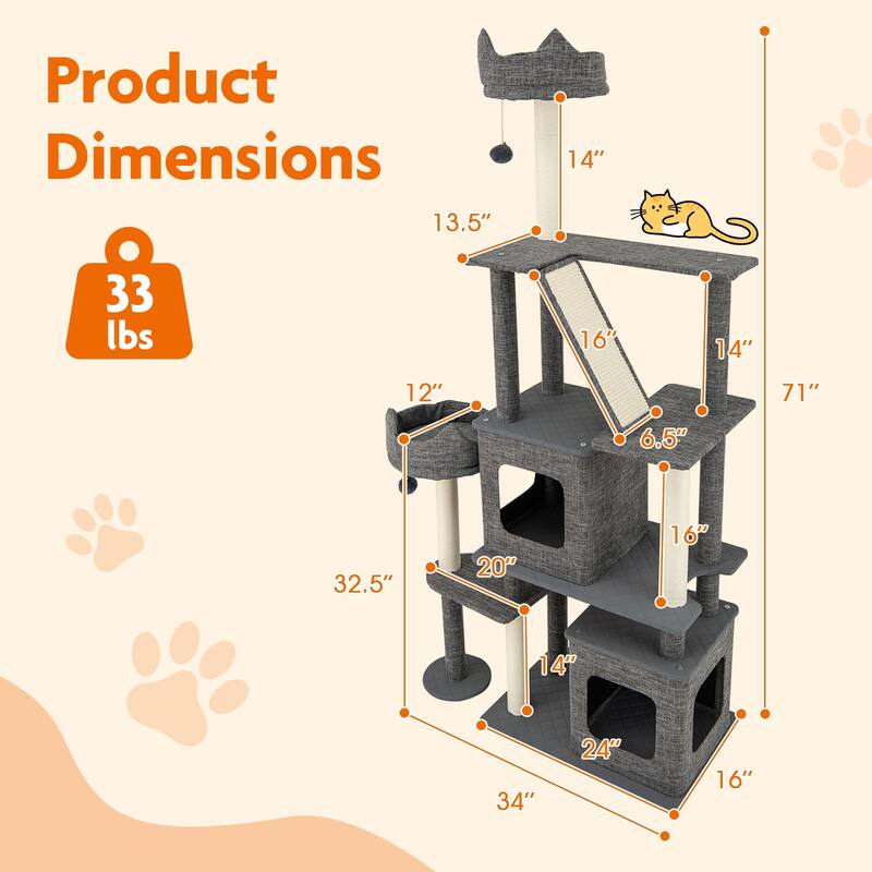 Engineered Board Cat Tree with Sisal Posts, Plush Condos and Anti-Topple Design - 34" L x 16" W x 71" H