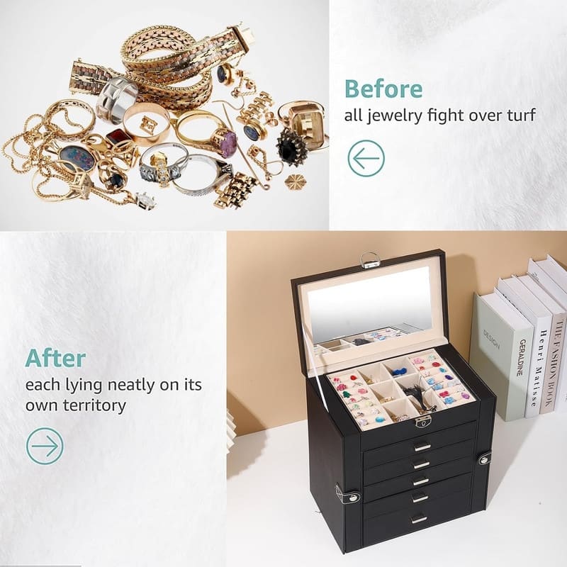 6 Layer Large Jewelry Organizer With Mirror - 6.6"D x 10.6"W x 11"H