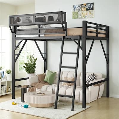 Full Size Loft Bed with Ladder,Metal Full Loft Bed w/Storage Shelves