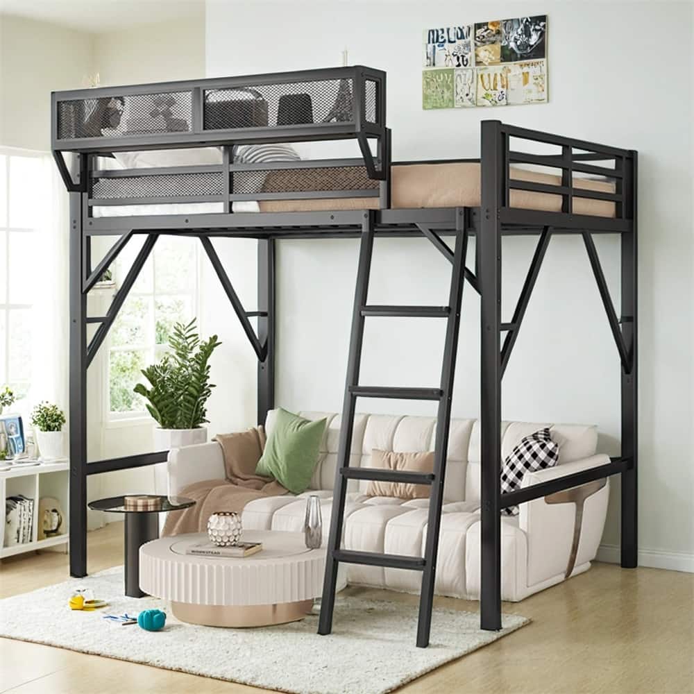 Full Size Loft Bed with Ladder,Metal Full Loft Bed w/Storage Shelves