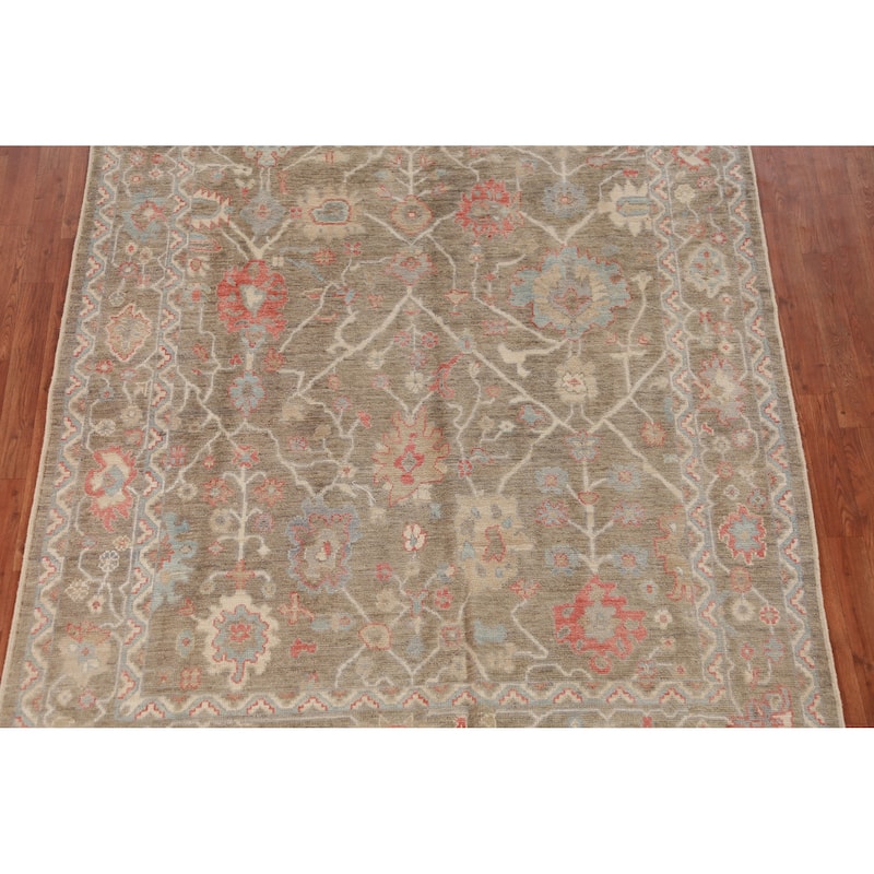 Hand Knotted Oriental 100% Wool Carpet Transitional All-Over Brown Oushak Area Rug - 8' 11'' X 6' 2''