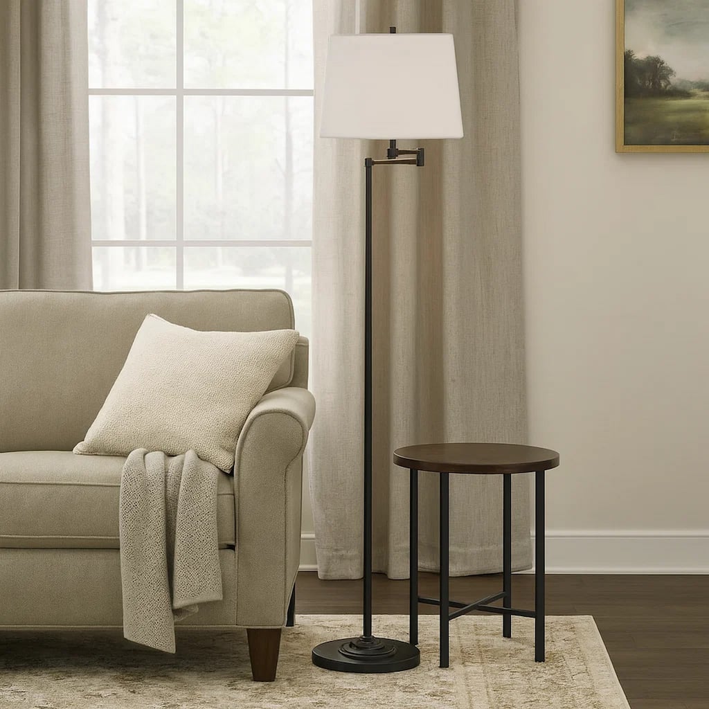 Tomi 63 Inch Floor Lamp, Double Swing Arm, Bronze Metal, White Shade