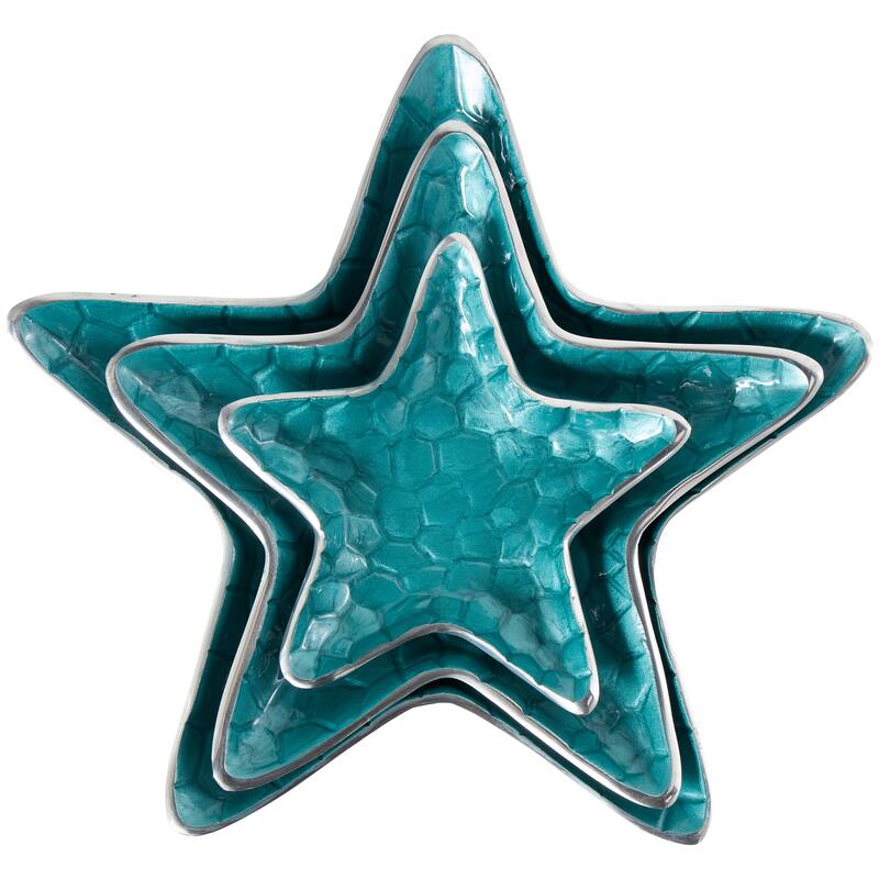 White or Teal Aluminum Metal Handmade Textured Enameled Starfish Decorative Bowl with Silver Base (Set of 3)