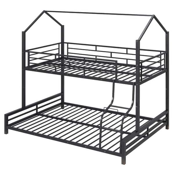 slide 2 of 9, Twin Over Full Metal House Bunk Bed with Sloping Stairs, Black Black - Full