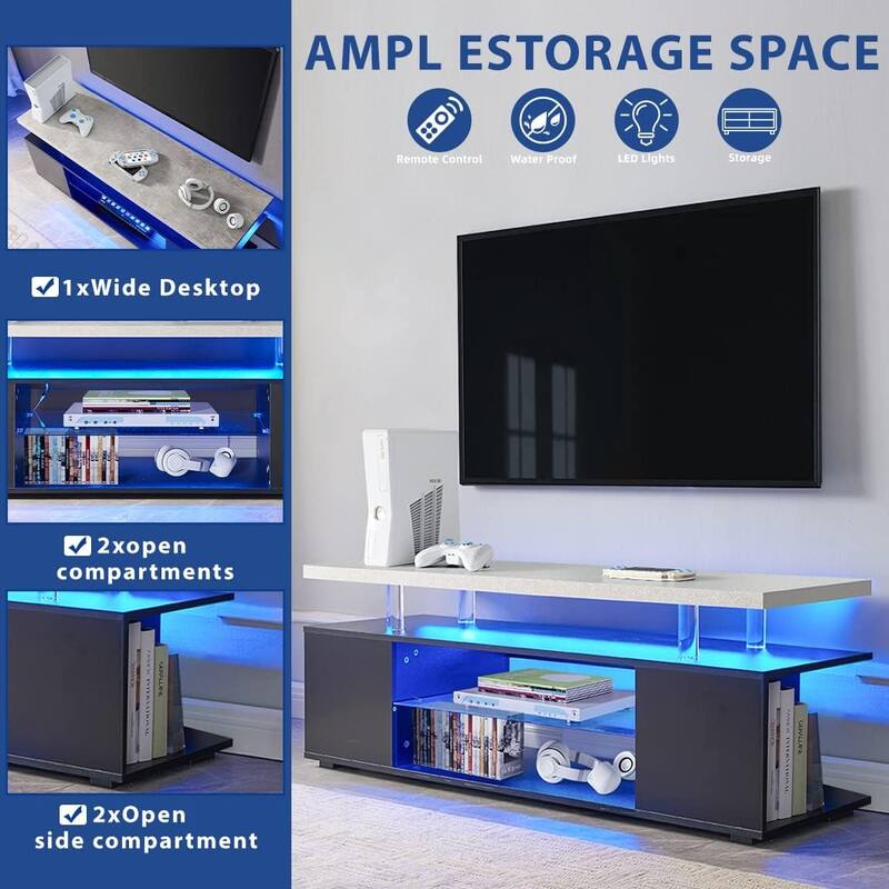 Modern LED TV Stand, Gaming Entertainment Center Media, for 60 Inch TV Table with Side Cabinet, for Living Room, Grey+Black