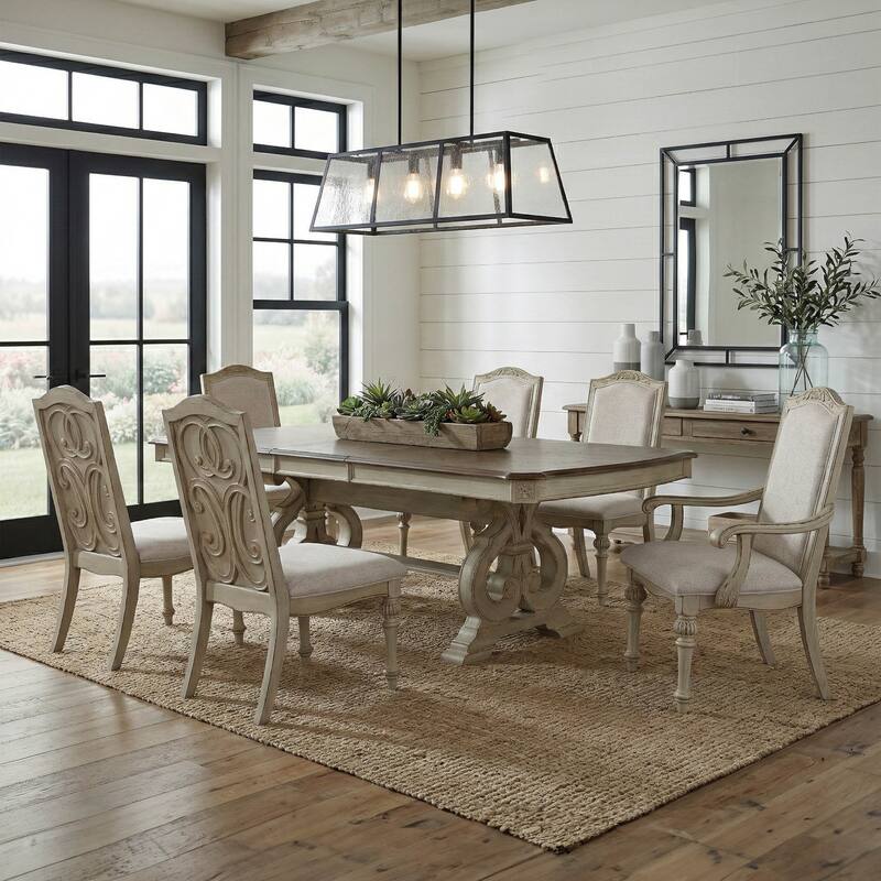 Pann Farmhouse White Solid Wood 7-Piece Expandable Dining Table Set by Furniture of America - Antique White