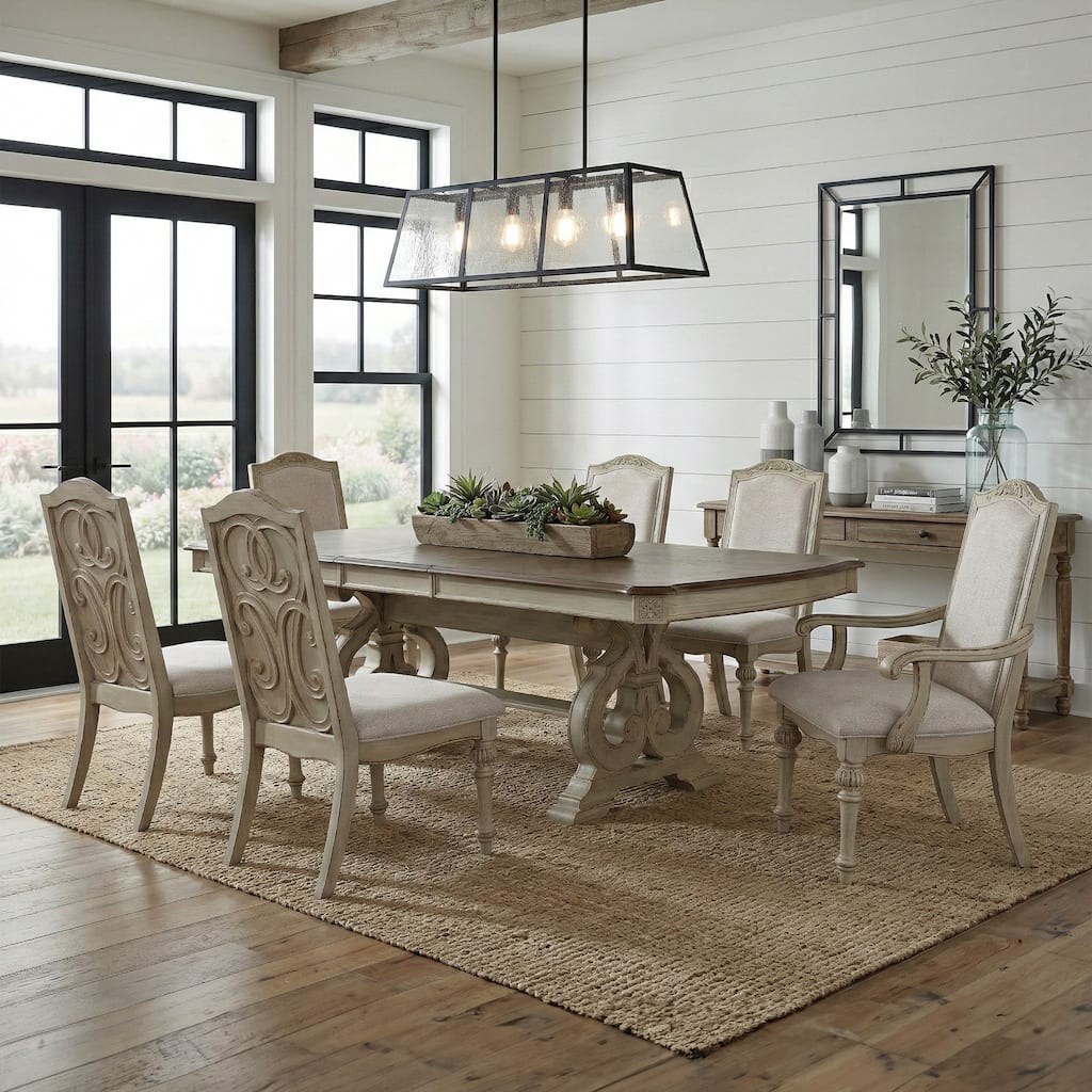 Pann Farmhouse White Solid Wood 7-Piece Expandable Dining Table Set by Furniture of America