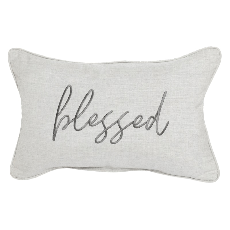 Sunbrella Canvas Embroidered "Blessed" Indoor/Outdoor 13x20 Corded Lumbar Pillow (Single) - 13 in L x 20 in W - Cast Silver with Grey Embroidery