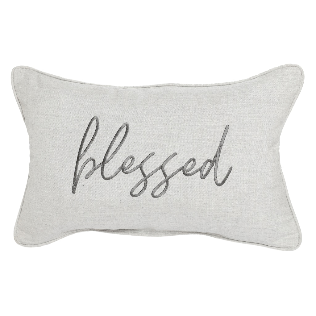 Sunbrella Canvas Embroidered "Blessed" Indoor/Outdoor 13x20 Corded Lumbar Pillow (Single) - 13 in L x 20 in W