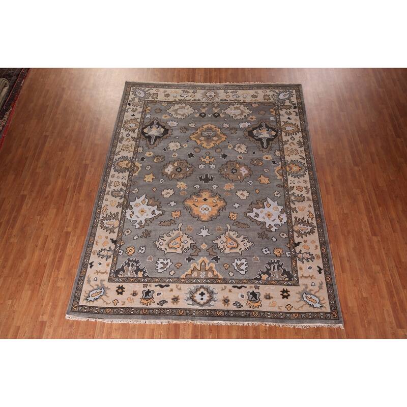 Gray Oushak Oriental Area Rug Handmade Floral Wool Carpet - 9'0" x 11'8"