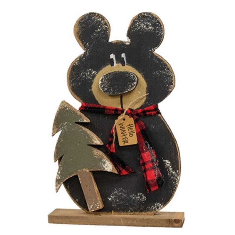 Rustic Wood Hello Winter Black Bear on Base With Tree - 18-1/2"H - 18-1/2"H