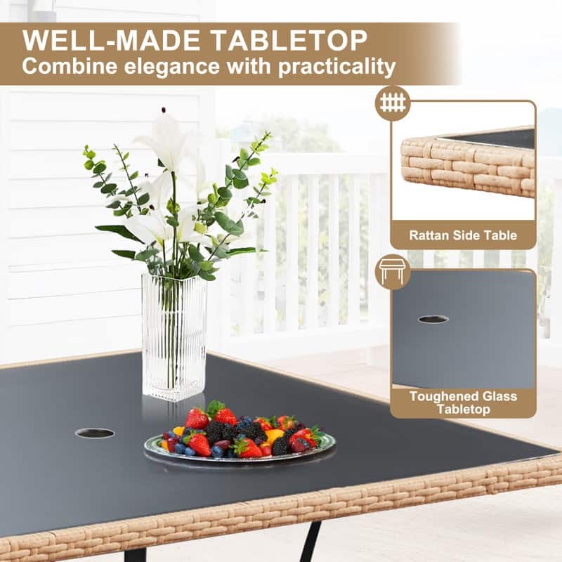 35" Square/Round Outdoor Dining Table - All-Weather Wicker Patio Table with Tempered Glass Top & Iron Frame for Balcony