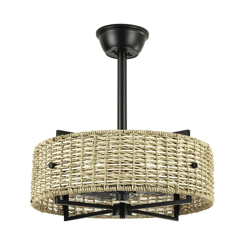 4-Light Traditional Boho Cylinder Drum Woven Rattan and Bamboo Ceiling Fan - 19.3 in. W x 8.3 in. H