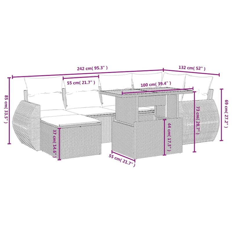 vidaXL Patio Sofa Set with Cushions Outdoor Furniture 7 Piece Poly Rattan - 21.7 x 24.4 x 27.2
