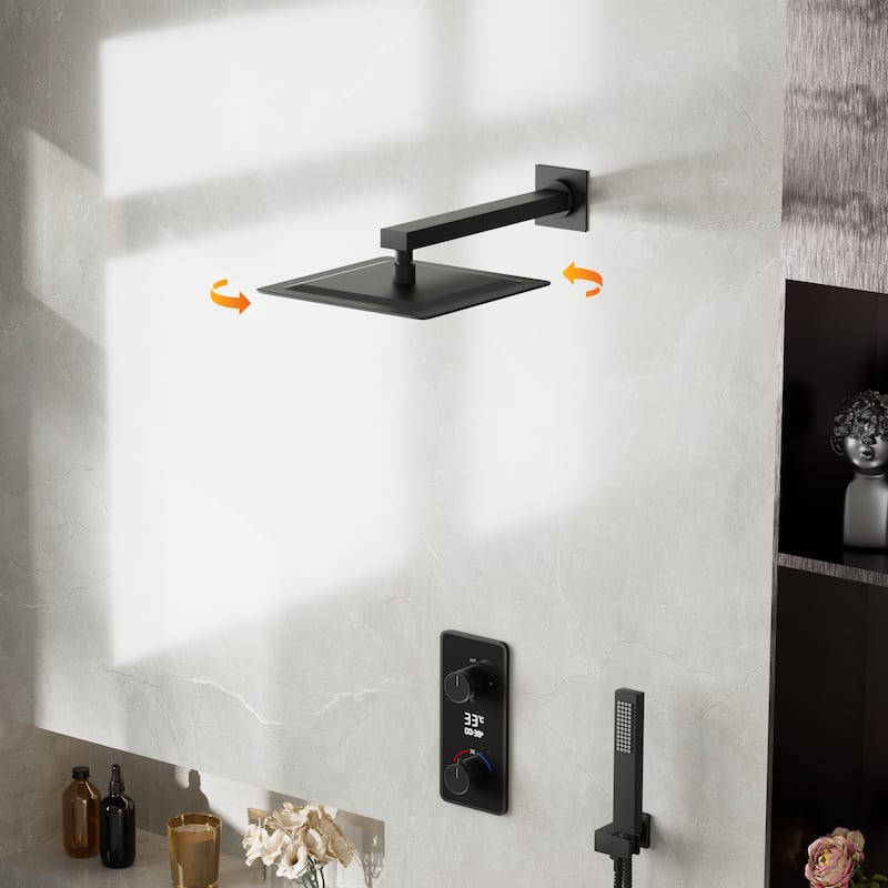 3-Way Thermostatic Complete Rainfall Shower System with Rough in-Valve Rain Shower Heads,Black/Gold