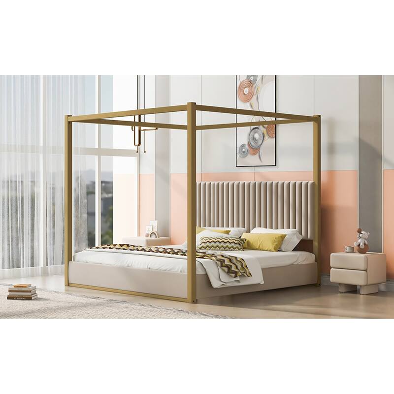 Roomfitters King Canopy Platform Bed with Velvet Upholstered Headboard, Metal Frame