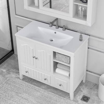 36" Bathroom Vanity with Ceramic Basin with Two Doors and Drawers